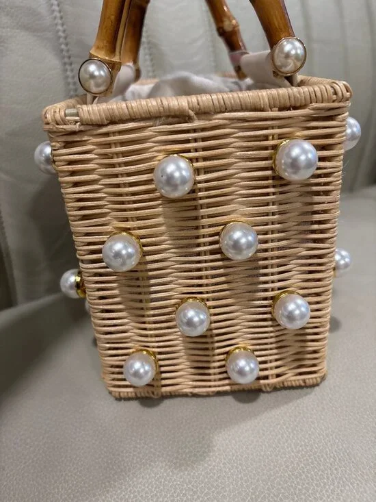 BTB Los Angeles Chloe Pearl Beaded Top-Handle Box Bag Handbag Raffia Tote Purse - Picture 7 of 14